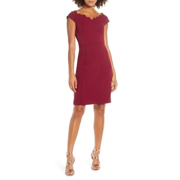 New women’s Harlyn Burgundy Dress Scalloped large short sleeve semi formal midi - Picture 3 of 8